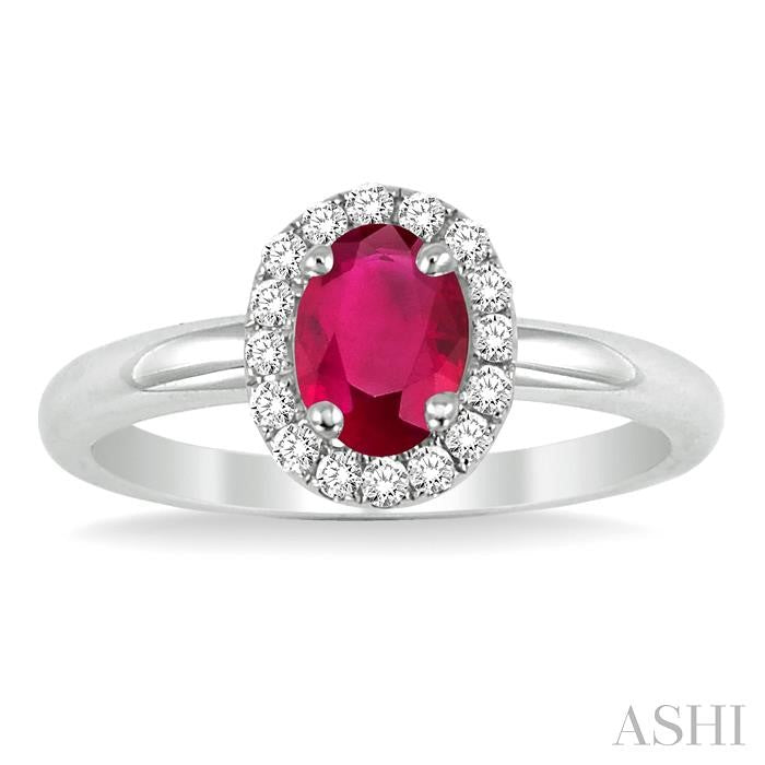 6x4 MM Oval Shape Ruby and 1/6 Ctw Round Cut Diamond Precious Ring in 14K White Gold