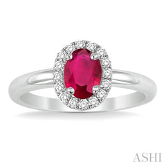 6x4 MM Oval Shape Ruby and 1/6 Ctw Round Cut Diamond Precious Ring in 14K White Gold