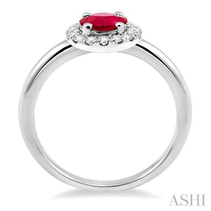 6x4 MM Oval Shape Ruby and 1/6 Ctw Round Cut Diamond Precious Ring in 14K White Gold