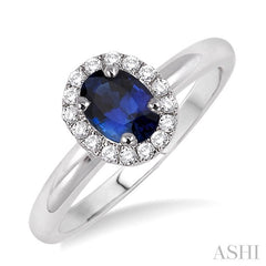 6x4 MM Oval Shape Sapphire and 1/6 Ctw Round Cut Diamond Precious Ring in 14K White Gold