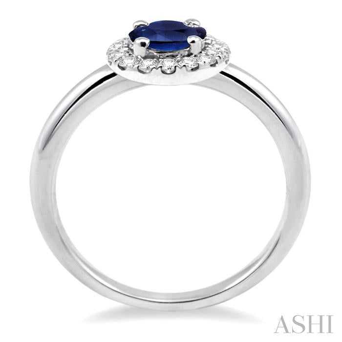 6x4 MM Oval Shape Sapphire and 1/6 Ctw Round Cut Diamond Precious Ring in 14K White Gold