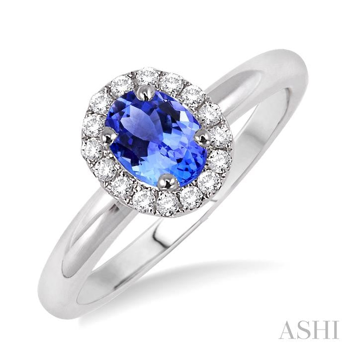 6x4 MM Oval Shape Tanzanite and 1/6 Ctw Round Cut Diamond Precious Ring in 14K White Gold