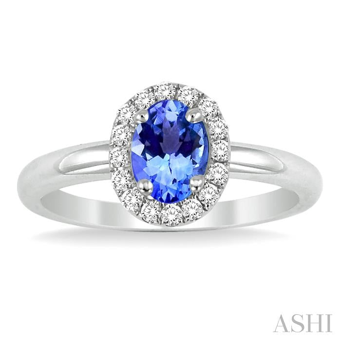 6x4 MM Oval Shape Tanzanite and 1/6 Ctw Round Cut Diamond Precious Ring in 14K White Gold
