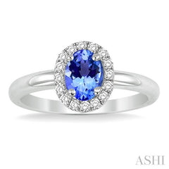 6x4 MM Oval Shape Tanzanite and 1/6 Ctw Round Cut Diamond Precious Ring in 14K White Gold