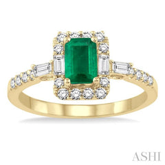 6x4 MM Octagon Cut Emerald and 1/2 Ctw Round Cut Diamond Precious Ring in 14K Yellow Gold
