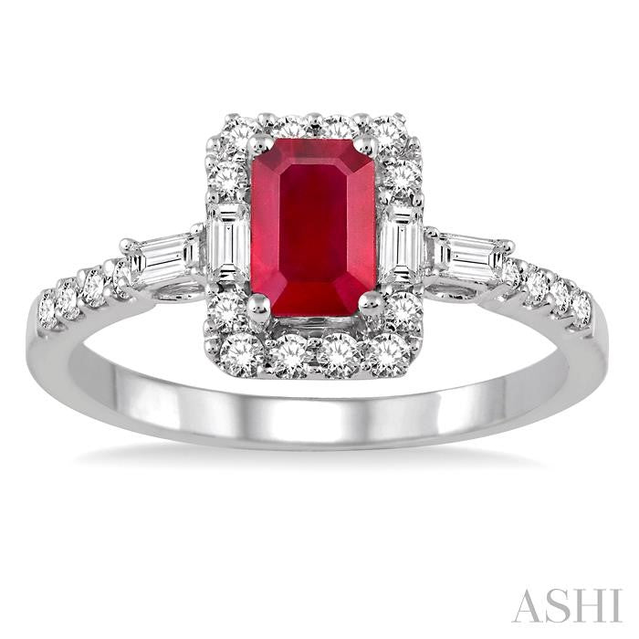 6x4 MM Octagon Cut Ruby and 1/2 Ctw Round Cut Diamond Precious Ring in 14K White Gold