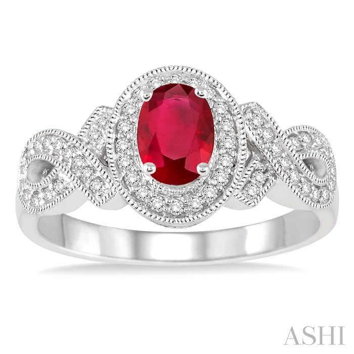 6x4 MM Oval Cut Ruby and 1/4 Ctw Round Cut Diamond Ring in 10K White Gold
