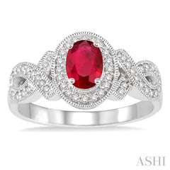 6x4 MM Oval Cut Ruby and 1/4 Ctw Round Cut Diamond Ring in 10K White Gold