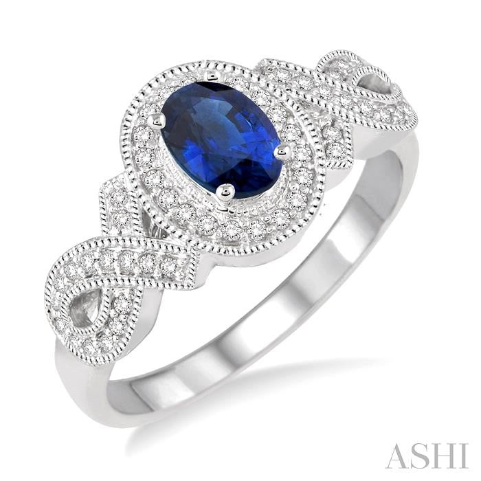 6x4 MM Oval Cut Sapphire and 1/4 Ctw Round Cut Diamond Ring in 10K White Gold