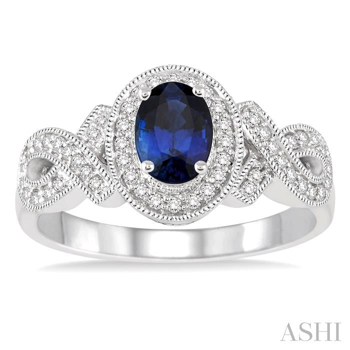 6x4 MM Oval Cut Sapphire and 1/4 Ctw Round Cut Diamond Ring in 10K White Gold