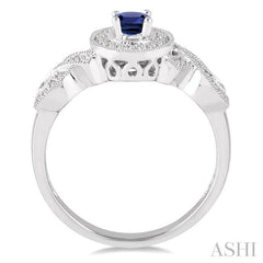 6x4 MM Oval Cut Sapphire and 1/4 Ctw Round Cut Diamond Ring in 10K White Gold
