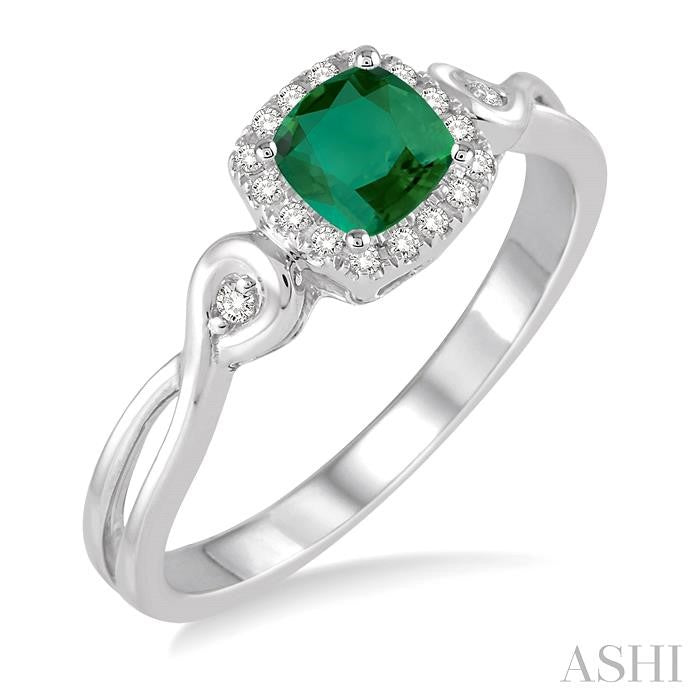4x4 MM Cushion Shape Emerald and 1/10 Ctw Round Cut Diamond Ring in 14K White Gold