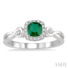 4x4 MM Cushion Shape Emerald and 1/10 Ctw Round Cut Diamond Ring in 14K White Gold
