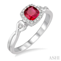 4x4 MM Cushion Shape Ruby and 1/10 Ctw Round Cut Diamond Ring in 14K White Gold