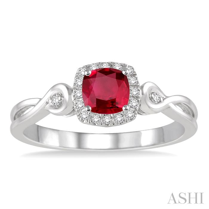 4x4 MM Cushion Shape Ruby and 1/10 Ctw Round Cut Diamond Ring in 14K White Gold