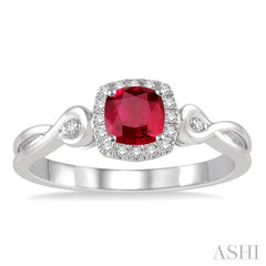 4x4 MM Cushion Shape Ruby and 1/10 Ctw Round Cut Diamond Ring in 14K White Gold