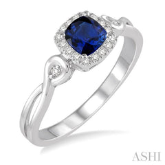 4x4 MM Cushion Shape Sapphire and 1/10 Ctw Round Cut Diamond Ring in 14K White Gold