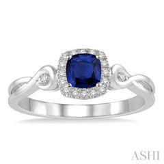 4x4 MM Cushion Shape Sapphire and 1/10 Ctw Round Cut Diamond Ring in 14K White Gold