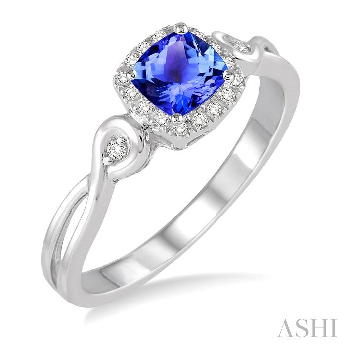 4x4 MM Cushion Shape Tanzanite and 1/10 Ctw Round Cut Diamond Ring in 14K White Gold