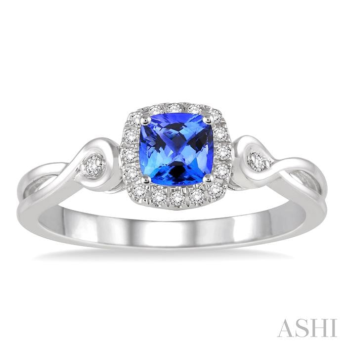 4x4 MM Cushion Shape Tanzanite and 1/10 Ctw Round Cut Diamond Ring in 14K White Gold