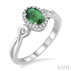 6x4 MM Oval Cut Emerald and 1/10 Ctw Round Cut Diamond Ring in 14K White Gold