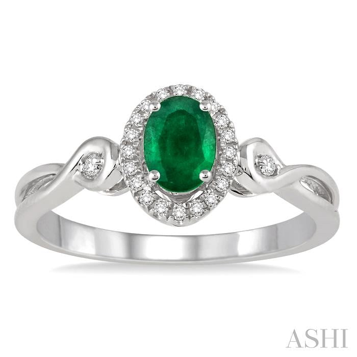 6x4 MM Oval Cut Emerald and 1/10 Ctw Round Cut Diamond Ring in 14K White Gold