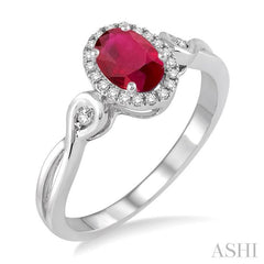 6x4 MM Oval Cut Ruby and 1/10 Ctw Round Cut Diamond Ring in 14K White Gold