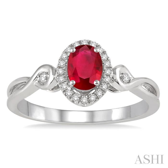 6x4 MM Oval Cut Ruby and 1/10 Ctw Round Cut Diamond Ring in 14K White Gold