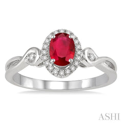 6x4 MM Oval Cut Ruby and 1/10 Ctw Round Cut Diamond Ring in 14K White Gold