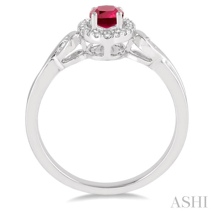 6x4 MM Oval Cut Ruby and 1/10 Ctw Round Cut Diamond Ring in 14K White Gold