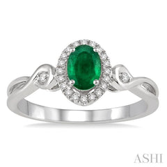 6x4 MM Oval Cut Emerald and 1/10 Ctw Round Cut Diamond Ring in 10K White Gold