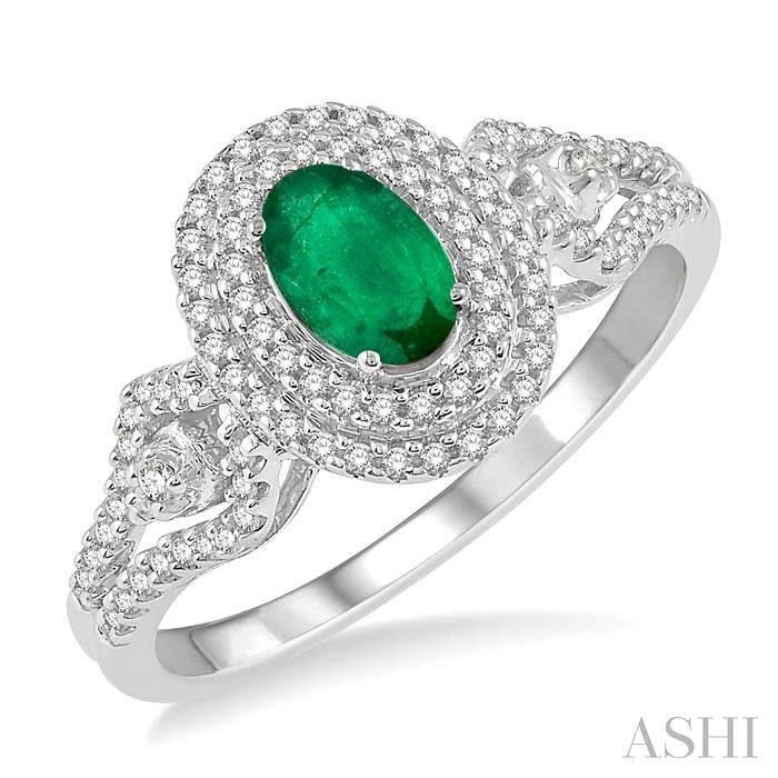 6x4 MM Oval Shape Emerald and 1/3 Ctw Round Cut Diamond Precious Ring in 14K White Gold
