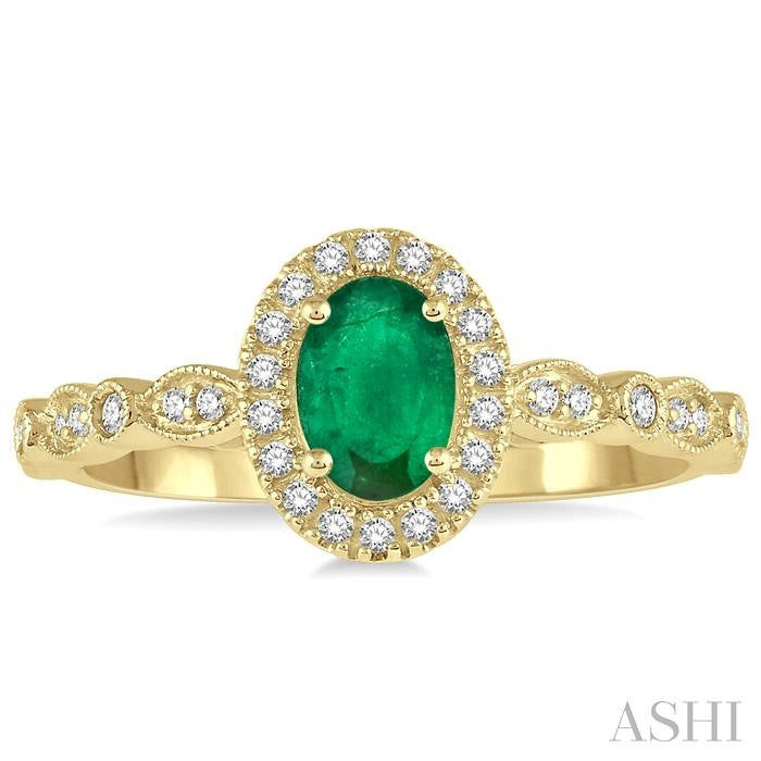 6x4 MM Oval Shape Emerald and 1/6 Ctw Round Cut Diamond Precious Ring in 10K Yellow Gold
