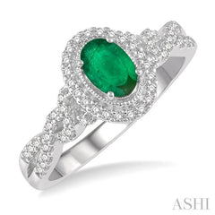 6x4 MM Oval Shape Emerald and 1/5 Ctw Round Cut Diamond Precious Ring in 10K White Gold