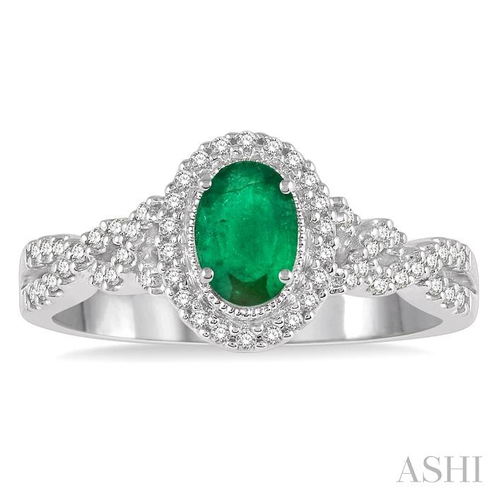 6x4 MM Oval Shape Emerald and 1/5 Ctw Round Cut Diamond Precious Ring in 10K White Gold