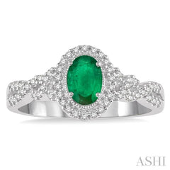 6x4 MM Oval Shape Emerald and 1/5 Ctw Round Cut Diamond Precious Ring in 10K White Gold
