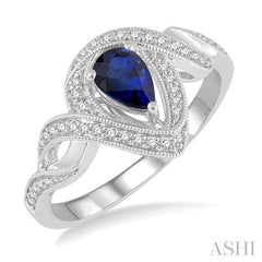 6X4 MM Pear Cut Sapphire and 1/6 Ctw Twisted Bypass Round Cut Diamond Precious Ring in 10K White Gold
