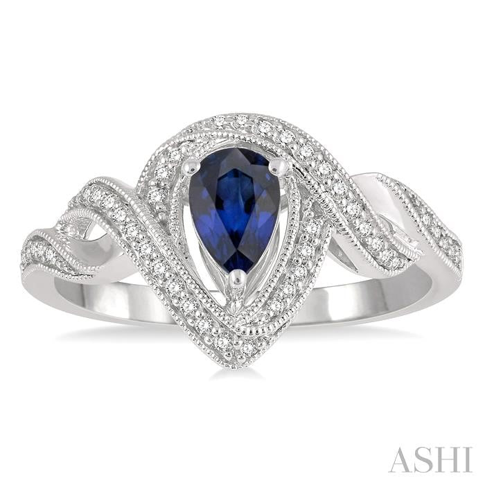 6X4 MM Pear Cut Sapphire and 1/6 Ctw Twisted Bypass Round Cut Diamond Precious Ring in 10K White Gold