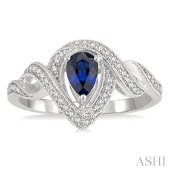 6X4 MM Pear Cut Sapphire and 1/6 Ctw Twisted Bypass Round Cut Diamond Precious Ring in 10K White Gold