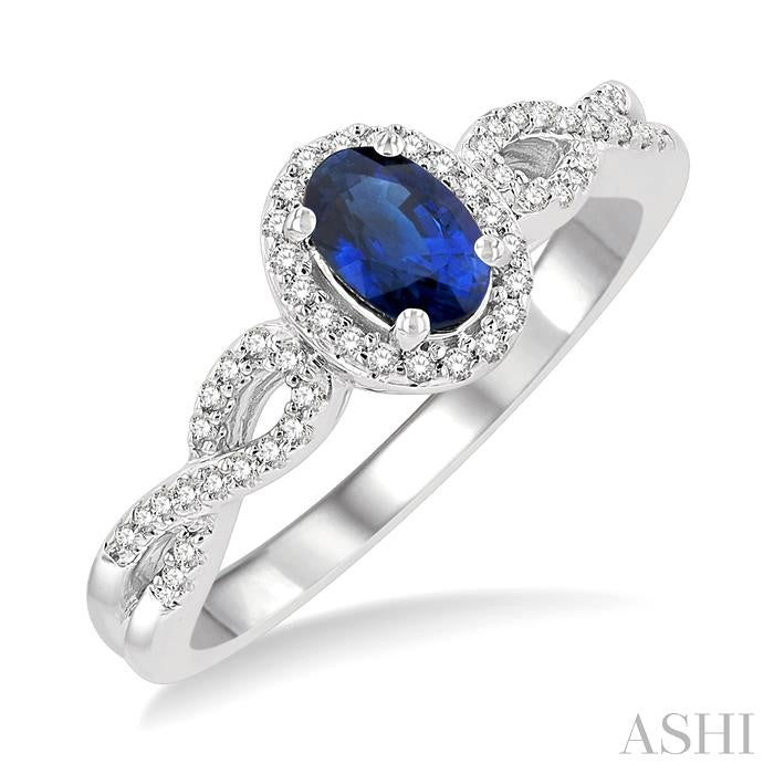 6x4 MM Oval Shape Sapphire and 1/6 Ctw Round Cut Diamond Precious Ring With 6x4 MM Oval Cut Sapphire Center Stone in 10K White Gold