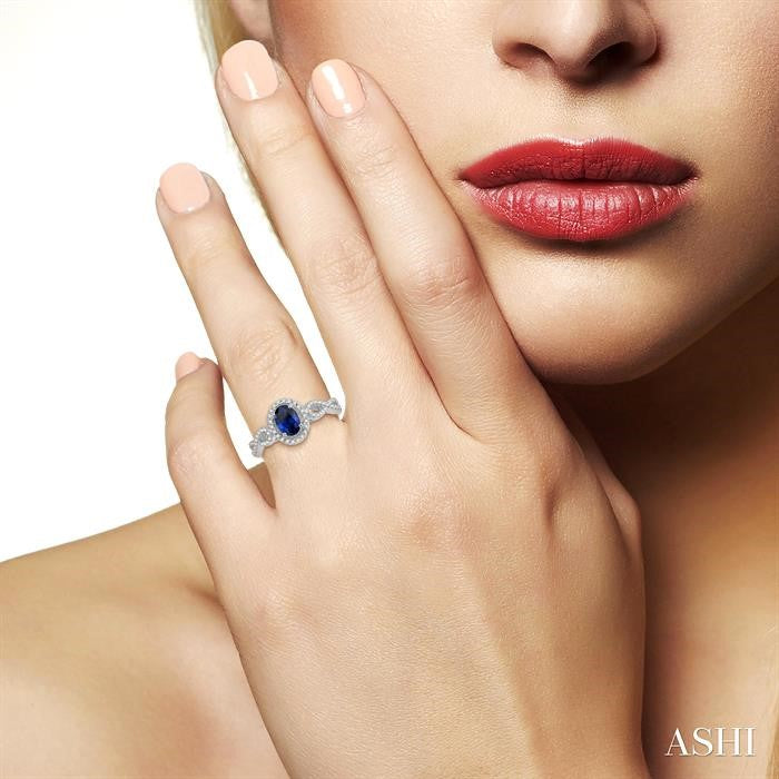 6x4 MM Oval Shape Sapphire and 1/6 Ctw Round Cut Diamond Precious Ring With 6x4 MM Oval Cut Sapphire Center Stone in 10K White Gold
