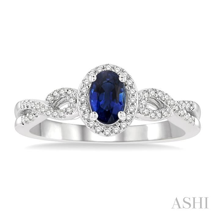 6x4 MM Oval Shape Sapphire and 1/6 Ctw Round Cut Diamond Precious Ring With 6x4 MM Oval Cut Sapphire Center Stone in 10K White Gold