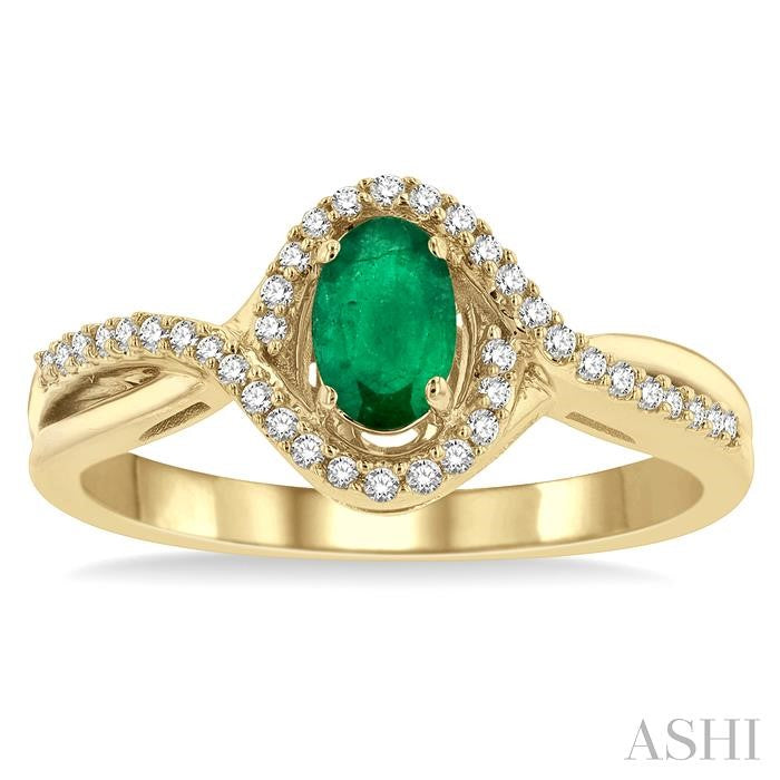 6x4 MM Oval Cut Emerald and 1/6 Ctw Split Criss Cross Bypass Shank Round Cut Diamond Precious Ring with Center Stone in 10K Yellow Gold
