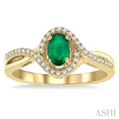 6x4 MM Oval Cut Emerald and 1/6 Ctw Split Criss Cross Bypass Shank Round Cut Diamond Precious Ring with Center Stone in 10K Yellow Gold