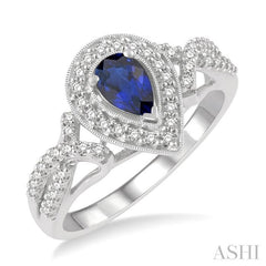 6X4 MM Pear Shape Sapphire and 1/5 Ctw Split Crossover Shank Round Cut Diamond Precious Ring in 10K White Gold