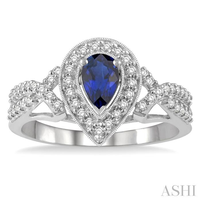 6X4 MM Pear Shape Sapphire and 1/5 Ctw Split Crossover Shank Round Cut Diamond Precious Ring in 10K White Gold