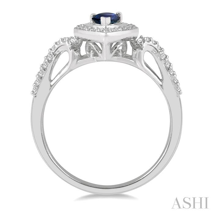 6X4 MM Pear Shape Sapphire and 1/5 Ctw Split Crossover Shank Round Cut Diamond Precious Ring in 10K White Gold