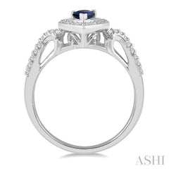 6X4 MM Pear Shape Sapphire and 1/5 Ctw Split Crossover Shank Round Cut Diamond Precious Ring in 10K White Gold