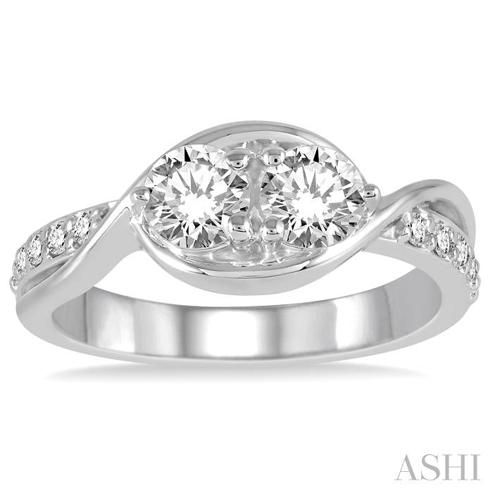 1 Ctw Twin Diamond Embracing Twisted Center Diamond 2Stone Ring in 14K White Gold