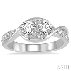 1 Ctw Twin Diamond Embracing Twisted Center Diamond 2Stone Ring in 14K White Gold